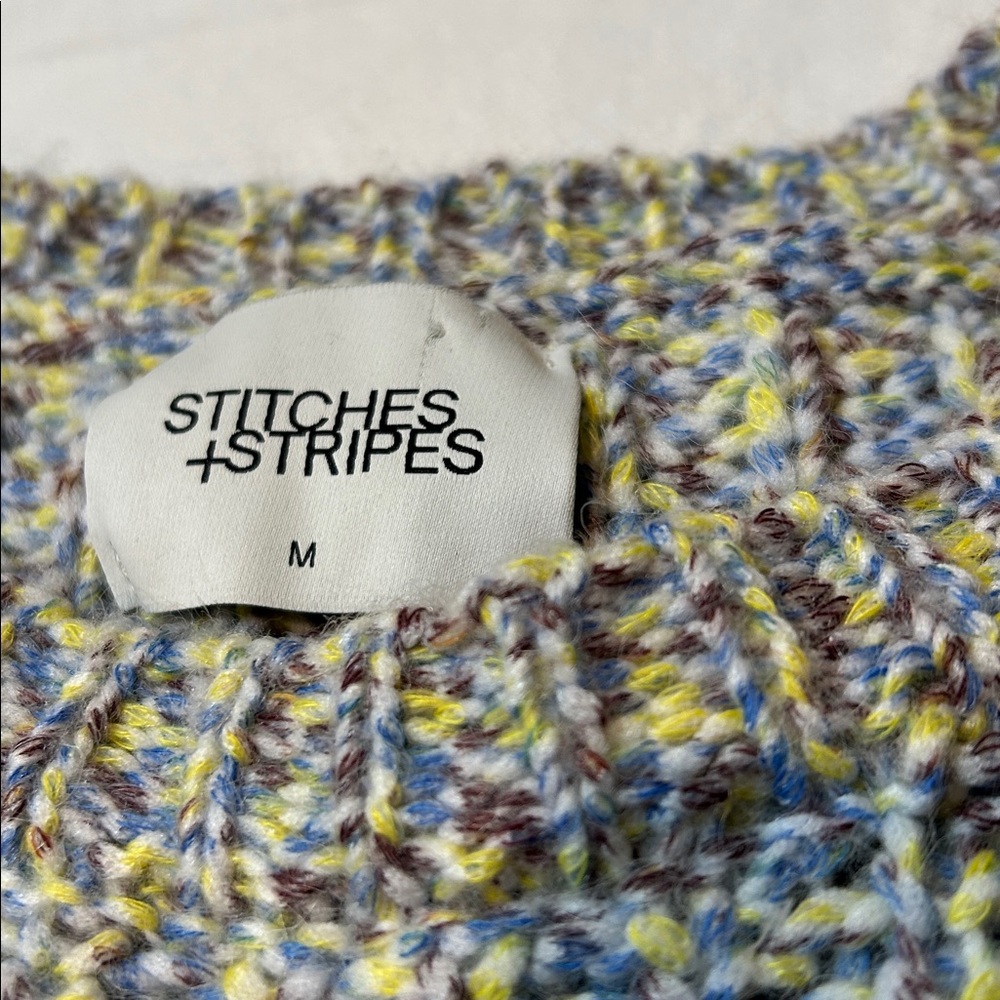 Stitches and Stripes Chunky Crewneck Sweater Size Medium blue yellow cream brown - Picture 2 of 7